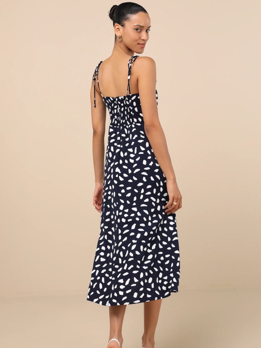Lulus Party In Paris Navy Blue Print Tie-strap Midi Dress - Size M - Picture 3 of 9